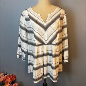 Peyton Primrose Gray White Plaid Popover Tunic Flowy & Light 3/4 Sleeve Size 2X